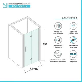 Porta doccia a soffietto per nicchia 85cm in vetro temperato trasparente con profili cromo Neos