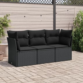 Set divani da giardino 3 pz con cuscini in polyrattan nero