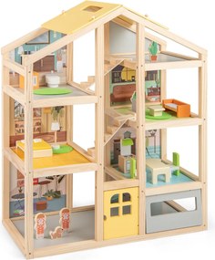 Costway Casa delle famiglie moderne con mobili e figure con garage e porta apribile, Casa delle bambole in legno per bambini Naturale
