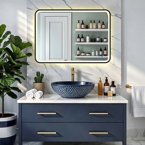 Specchio dagli angoli arrotondati con illuminazione LED in una cornice nera in alluminio