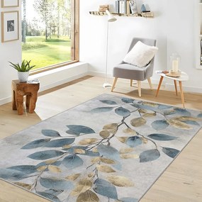 Tappeto azzurro/dorato lavabile 80x150 cm Golden Leaves – Mila Home