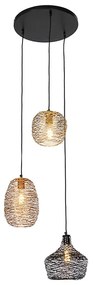 Lampada a sospensione nera oro e rame rotonda 3 luci - Sarella