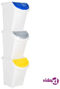 vidaXL Cestini per Rifiuti Impilabili con Coperchi 3pz Bianchi PP 120L