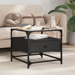 Tavolino Con Piano İn Vetro Nero 50x50x45 Cm Acciaio /
