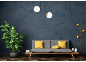 Lampadario 2 Luci Kalf In Acciaio Nero A Bracci E Sfere In Vetro Opalino E Oro