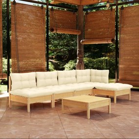 Set divani da giardino 6 pz con cuscini crema in massello di pino