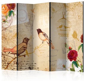 Paravento design Bonjour II (5 parti) - composizione uccelli, fiori, sfondo scritte