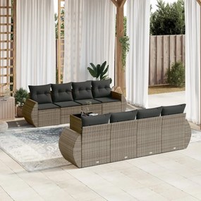 Set divano da giardino 9 pz con cuscini grigio in polyrattan