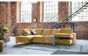 Divano letto a U in velluto giallo senape, angolo sinistro Lofty Lilly - Miuform