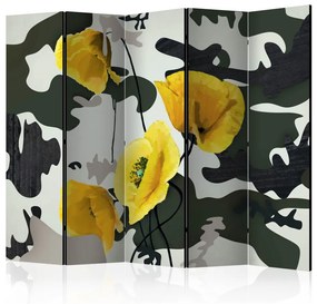 Paravento design Appena dipinto II (5 parti) - papaveri gialli in bianco e nero