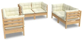 Set divani da giardino 6 pz con cuscini crema in massello di pino