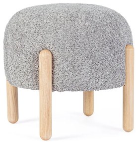 Pouf DAYLA in tessuto grigio chiaro effetto bouclé e gambe in legno rubber wood