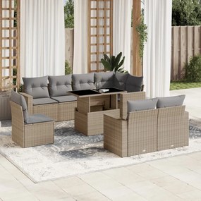 Set divano da giardino 9 pz con cuscini beige in polyrattan