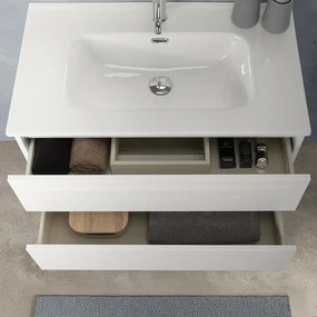 Mobile bagno sospeso 100 cm in legno bianco lucido 2 cassettoni con lavabo e specchio Leda
