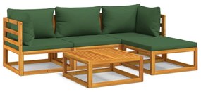 Set salotto da giardino 5pz con cuscini verdi legno massello