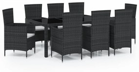 Set da Pranzo da Giardino 9 pz con Cuscini in Polyrattan Nero