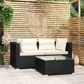 Set divani da giardino 3 pz con cuscini nero in polyrattan