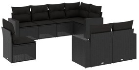 Set divani da giardino con cuscini 8 pz nero in polyrattan