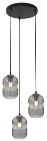 Lampadario 3 Luci Selene Base Tonda In Acciaio Nero E Vetri Plissettati Fumè
