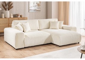 Divano angolare con penisola a destra color crema e rivestimento in velluto a coste allungabile e con contenitore Sarina – Ropez