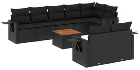 Set divani da giardino 9 pz con cuscini nero in polyrattan