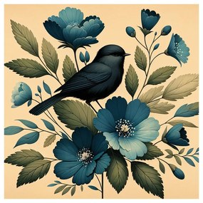 Quadro su tela – Uccellino su ramo con fiori blu