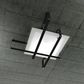 Plafoniera Industrial-Minimal Cross Metallo Nero Vetro Bianco 4 Luci E27