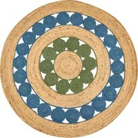 Tappeto blu e verde rotondo 140 cm Boho Rustico a spirale intrecciato fatto a mano Juta naturale Camera da letto Soggiorno