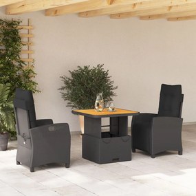 Set da pranzo da giardino 3 pz con cuscini nero in polyrattan