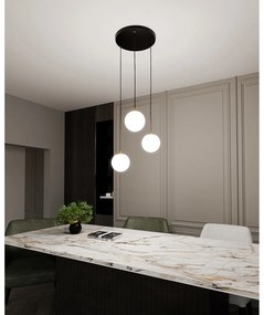 Sospensione Contemporanea Nuada 3 Luci In Acciaio Nero/Oro Sfere Vetro Bianco