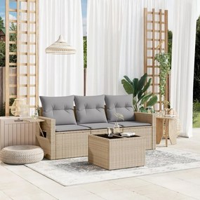 Set divano da giardino 4 pz con cuscini beige in polyrattan