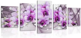 Quadri 5 pezzi – Fiori viola su sfondo astratto