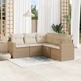 Set Divano da Giardino 5 pz con Cuscini Beige in Polyrattan