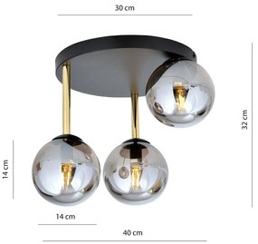 Plafoniera Contemporanea 3 Luci Teseo In Acciaio Nero Oro E Sfere Vetro Fumè