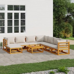 Set salotto giardino 9pz cuscini grigio chiaro legno massello