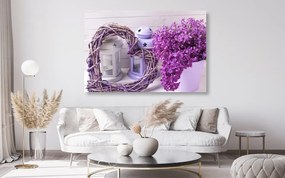 Quadro su tela – Cuore di vimini con lanterne e lilla