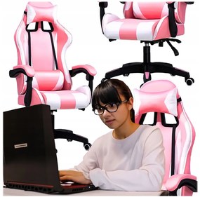 Comoda sedia da gaming con cuscino rosa e bianco