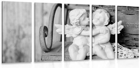 Quadri 5 pezzi – Statuette di angeli su una panchina in bianco e nero