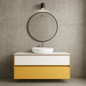Mobile da bagno sospeso sotto lavabo Niwa 2 cassetti L 119.5 x H 50 x P 45.5 cm senape e bianco cannettato