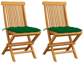 Sedie da giardino con cuscini verdi 2 pz in massello di teak