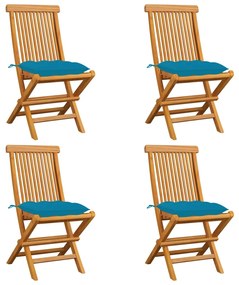 Sedie da giardino con cuscini azzurro 4 pz in massello di teak