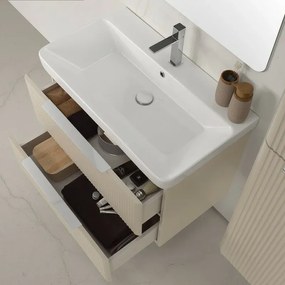 Mobile bagno sospeso 80cm beige cannettato con cassetti, specchio e lavabo Mia