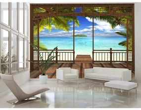 Carta da parati
adesiva Mare: Vista dalla finestra - paesaggio soleggiato con spiaggia paradisiaca