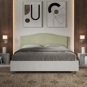 Letto matrimoniale e rete 160x200 in legno bianco e testata in microfibra tč verde Grace