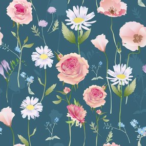 Carta da parati – Fiori romantici su sfondo blu