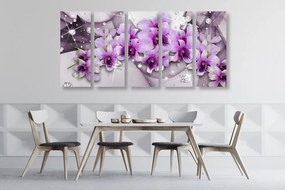 Quadri 5 pezzi – Fiori viola su sfondo astratto