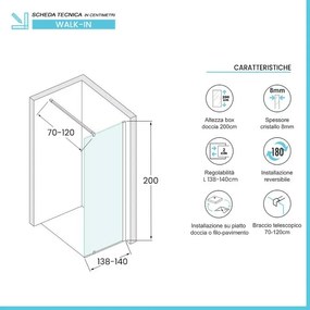 Doccia Walk-In 140 cm nero opaco con vetro fumè H 200 cm Tay