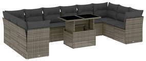 Set divani da giardino 11 pz con cuscini in polyrattan grigio