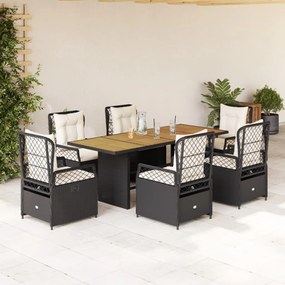 Set da pranzo da giardino 7 pz nero con cuscini in polyrattan