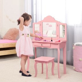 Costway Set toeletta per bambini, Tavolo toeletta principessa con sgabello specchio pieghevole, Rosa